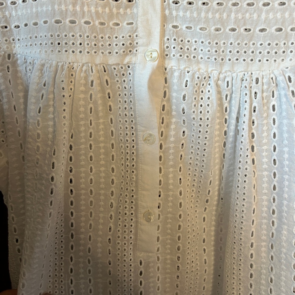J. McLaughlin Eyelet Blouse Top XS‎ White 3/4 Sleeve Button Down - Picture 6 of 7